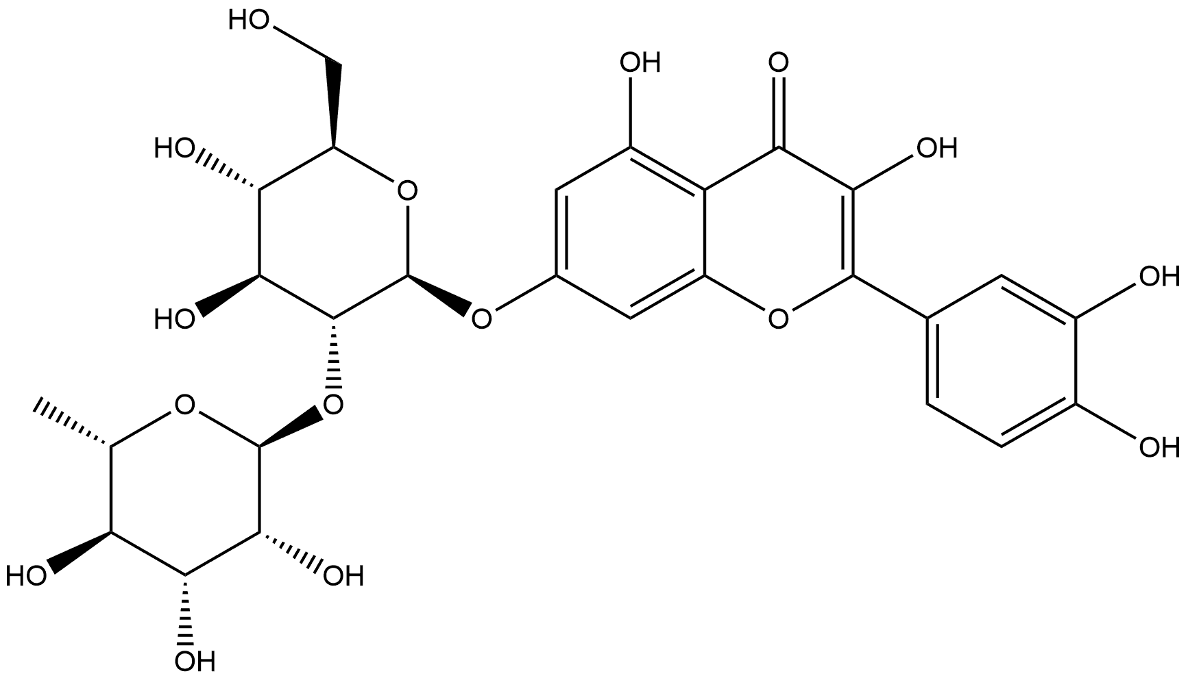 4H-1-Benzopyran-4-one, 7-[[2-O-(6-deoxy-α-L-mannopyranosyl)-β-D-glucopyranosyl]oxy]-2-(3,4-dihydroxyphenyl)-3,5-dihydroxy- Structure