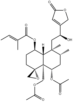 (4R,5α,8α,9S,10β,12S)-6α,18-Diacetoxy-4,19-epoxy-12,16-dihydroxy-1β-(tigloyloxy)cleroda-13-ene-15-oic acid 15,16-lactone 구조식 이미지
