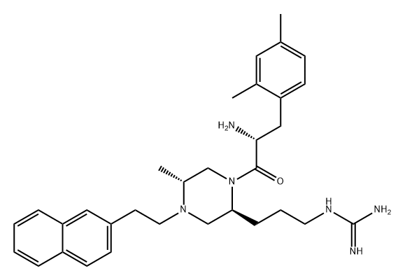 Guanidine, N-[3-[(2S,5R)-1-[(2R)-2-amino-3-(2,4-dimethylphenyl)-1-oxopropyl]-5-methyl-4-[2-(2-naphthalenyl)ethyl]-2-piperazinyl]propyl]- Structure