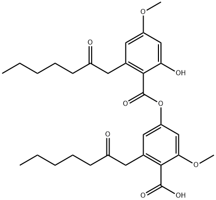 Benzoic acid, 2-hydroxy-4-methoxy-6-(2-oxoheptyl)-, 4-carboxy-3-methoxy-5-(2-oxoheptyl)phenyl ester 구조식 이미지