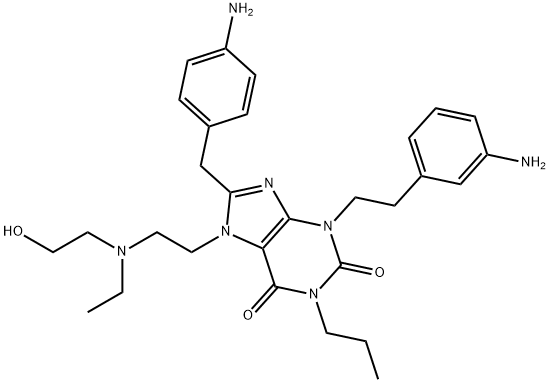 1H-Purine-2,6-dione, 3-[2-(3-aminophenyl)ethyl]-8-[(4-aminophenyl)methyl]-7-[2-[ethyl(2-hydroxyethyl)amino]ethyl]-3,7-dihydro-1-propyl- Structure