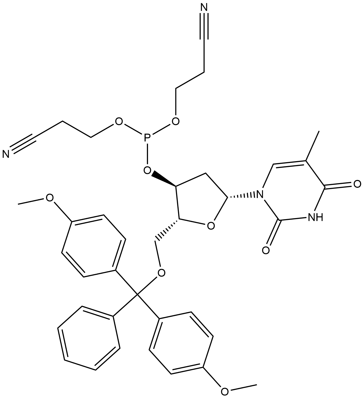 (3S,5R)-2-((bis(4-methoxyphenyl)(phenyl)methoxy)methyl)-5-(5-methyl-2,4-dioxo-3,4-dihydropyrimidin-1(2H)-yl)tetrahydrofuran-3-yl bis(2-cyanoethyl) phosphite Structure