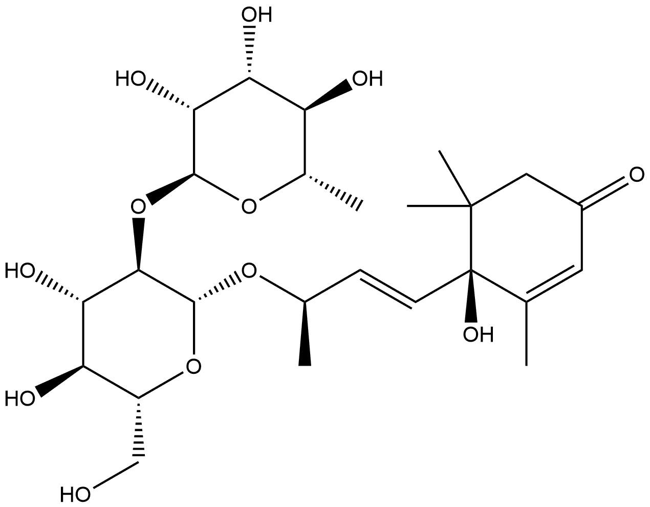 2-Cyclohexen-1-one, 4-[(1E,3R)-3-[[2-O-(6-deoxy-α-L-mannopyranosyl)-β-D-glucopyranosyl]oxy]-1-buten-1-yl]-4-hydroxy-3,5,5-trimethyl-, (4S)- Structure