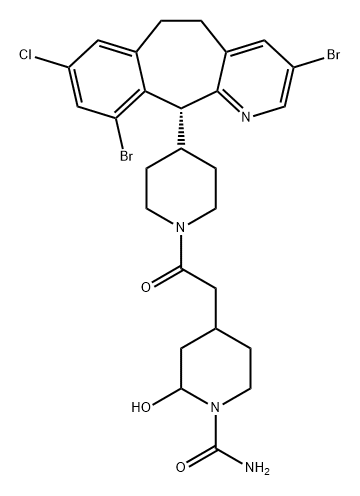 1-Piperidinecarboxamide, 4-[2-[4-[(11R)-3,10-dibromo-8-chloro-6,11-dihydro-5H-benzo[5,6]cyclohepta[1,2-b]pyridin-11-yl]-1-piperidinyl]-2-oxoethyl]-2-hydroxy- 구조식 이미지