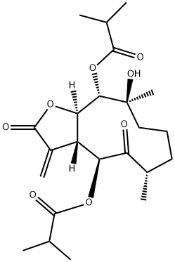 Propanoic acid, 2-methyl-, (3aR,4S,6S,10S,11S,11aR)-dodecahydro-10-hydroxy-6,10-dimethyl-3-methylene-2,5-dioxocyclodeca[b]furan-4,11-diyl ester (9CI) Structure