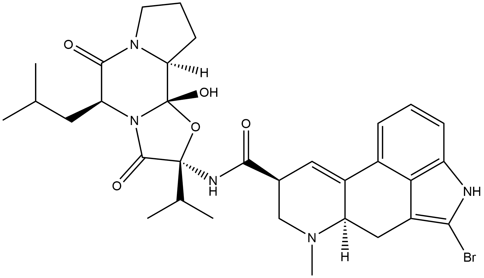 Ergotaman-3',6',18-trione, 2-bromo-12'-hydroxy-2'-(1-methylethyl)-5'-(2-methylpropyl)-, (2'β,5'α,8α)- (9CI) 구조식 이미지