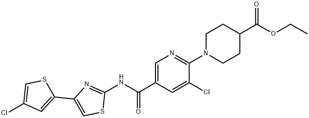 4-Piperidinecarboxylic acid, 1-[3-chloro-5-[[[4-(4-chloro-2-thienyl)-2-thiazolyl]amino]carbonyl]-2-pyridinyl]-, ethyl ester Structure