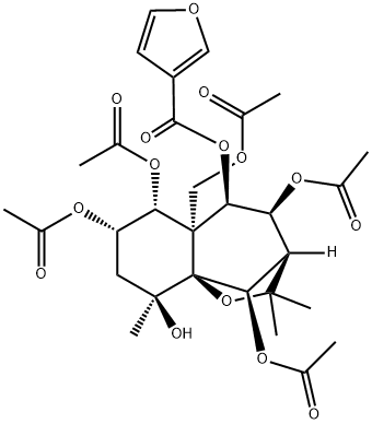3-Furancarboxylic acid, (3R,4S,5R,5aS,6R,7S,9S,9aS,10R)-4,6,7,10-tetrakis(acetyloxy)-5a-[(acetyloxy)methyl]octahydro-9-hydroxy-2,2,9-trimethyl-2H-3,9a-methano-1-benzoxepin-5-yl ester 구조식 이미지