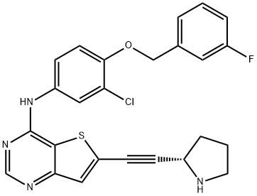 Thieno[3,2-d]pyrimidin-4-amine, N-[3-chloro-4-[(3-fluorophenyl)methoxy]phenyl]-6-[2-(2S)-2-pyrrolidinylethynyl]- Structure