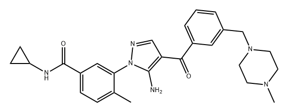 Benzamide, 3-[5-amino-4-[3-[(4-methyl-1-piperazinyl)methyl]benzoyl]-1H-pyrazol-1-yl]-N-cyclopropyl-4-methyl- 구조식 이미지