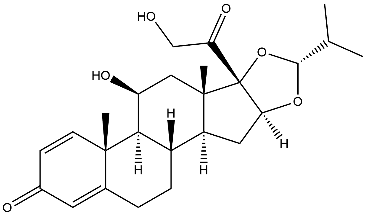 Pregna-1,4-diene-3,20-dione, 11,21-dihydroxy-16,17-[[(1R)-2-methylpropylidene]bis(oxy)]-, (11β,16α)- 구조식 이미지