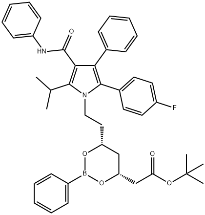 1,3,2-Dioxaborinane-4-acetic acid, 6-[2-[2-(4-fluorophenyl)-5-(1-methylethyl)-3-phenyl-4-[(phenylamino)carbonyl]-1H-pyrrol-1-yl]ethyl]-2-phenyl-, 1,1-dimethylethyl ester, (4R,6R)- Structure