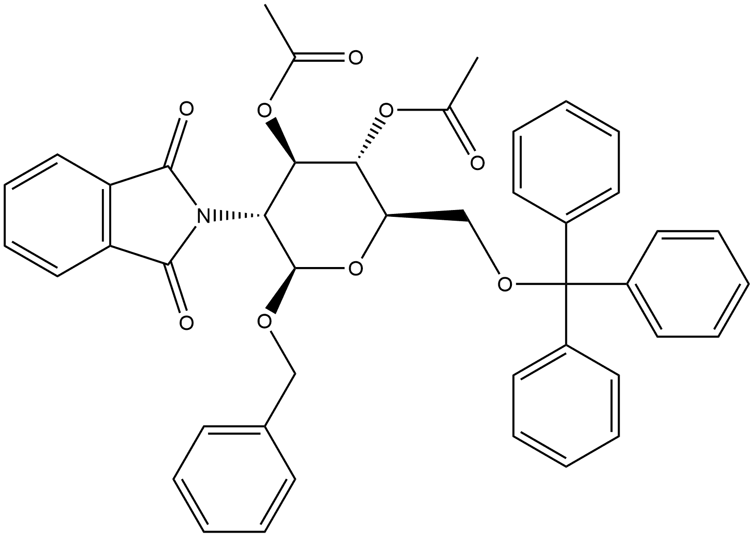 Benzyl 3,4-di-O-acetyl-2-deoxy-2-phthalimido-6-O-trityl-β-D-glucopyranoside Structure