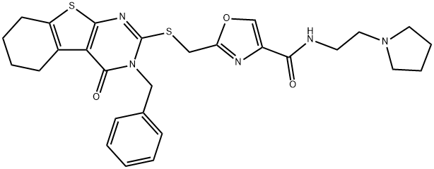 4-Oxazolecarboxamide, 2-[[[3,4,5,6,7,8-hexahydro-4-oxo-3-(phenylmethyl)[1]benzothieno[2,3-d]pyrimidin-2-yl]thio]methyl]-N-[2-(1-pyrrolidinyl)ethyl]- Structure