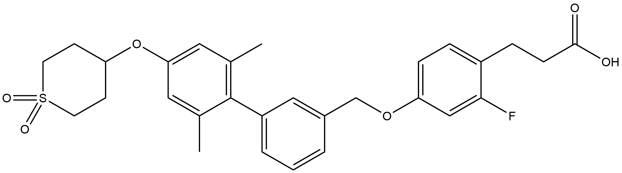 Benzenepropanoic acid, 4-[[2',6'-dimethyl-4'-[(tetrahydro-1,1-dioxido-2H-thiopyran-4-yl)oxy][1,1'-biphenyl]-3-yl]methoxy]-2-fluoro- Structure