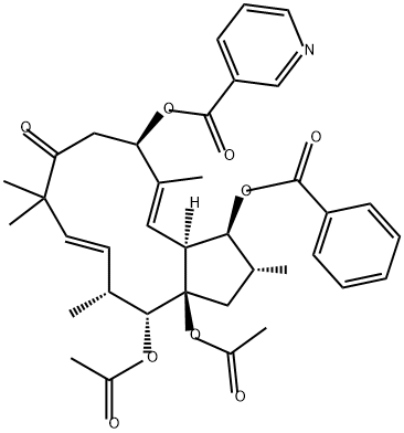 3-Pyridinecarboxylic acid, (2R,3S,3aS,4E,6R,10E,12R,13R,13aR)-13,13a-bis(acetyloxy)-3-(benzoyloxy)-2,3,3a,6,7,8,9,12,13,13a-decahydro-2,5,9,9,12-pentamethyl-8-oxo-1H-cyclopentacyclododecen-6-yl ester Structure