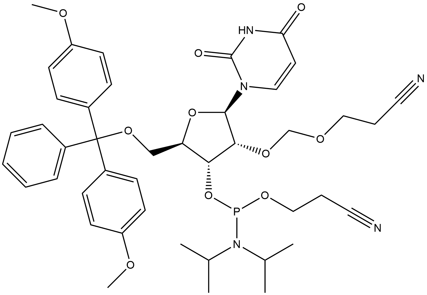 Uridine, 5'-O-[bis(4-methoxyphenyl)phenylmethyl]-2'-O-[(2-cyanoethoxy)methyl]-, 3'-[2-cyanoethyl N,N-bis(1-methylethyl)phosphoramidite] Structure