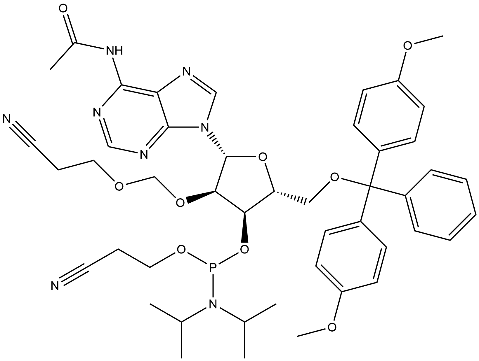 Adenosine, N-acetyl-5'-O-[bis(4-methoxyphenyl)phenylmethyl]-2'-O-[(2-cyanoethoxy)methyl]-, 3'-[2-cyanoethyl N,N-bis(1-methylethyl)phosphoramidite] Structure