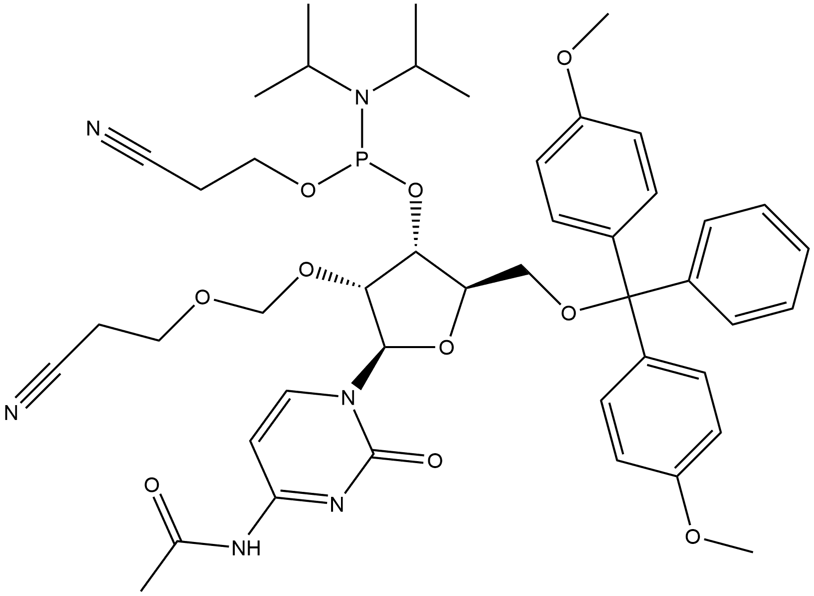 Cytidine, N-acetyl-5'-O-[bis(4-methoxyphenyl)phenylmethyl]-2'-O-[(2-cyanoethoxy)methyl]-, 3'-[2-cyanoethyl N,N-bis(1-methylethyl)phosphoramidite] Structure