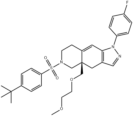 1H-Pyrazolo[3,4-g]isoquinoline, 6-[[4-(1,1-dimethylethyl)phenyl]sulfonyl]-1-(4-fluorophenyl)-4,4a,5,6,7,8-hexahydro-4a-[(2-methoxyethoxy)methyl]-, (4aR)- 구조식 이미지