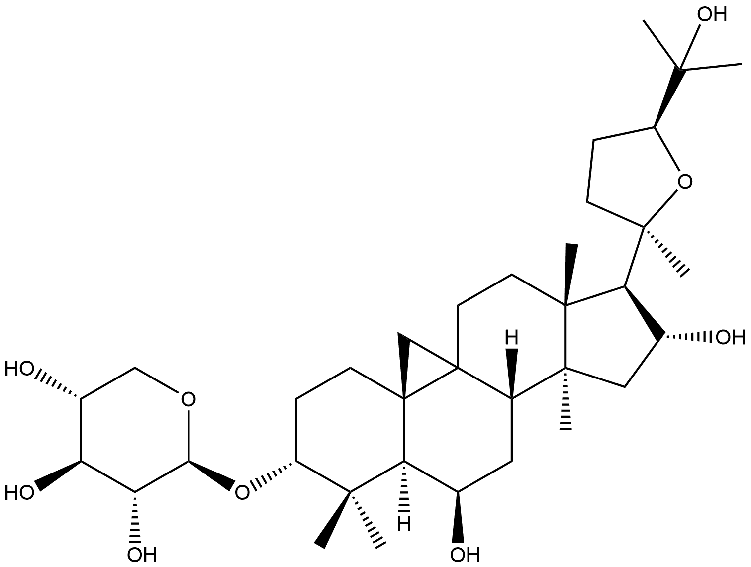 β-D-Xylopyranoside, (3β,6α,16β,20R,24S)-20,24-epoxy-6,16,25-trihydroxy-9,19-cyclolanostan-3-yl Structure