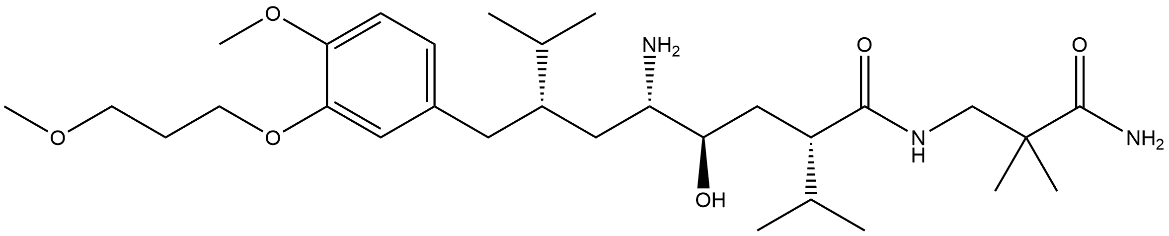 Benzeneoctanamide, δ-amino-N-(3-amino-2,2-dimethyl-3-oxopropyl)-γ-hydroxy-4-methoxy-3-(3-methoxypropoxy)-α,ζ-bis(1-methylethyl)-, (αS,δS,γR,ζS)- Structure