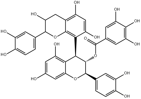 Benzoic acid, 3,4,5-trihydroxy-, (2R,2'R,3S,3'S,4S)-2,2'-bis(3,4-dihydroxyphenyl)-3,3',4,4'-tetrahydro-3',5,5',7,7'-pentahydroxy[4,8'-bi-2H-1-benzopyran]-3-yl ester 구조식 이미지