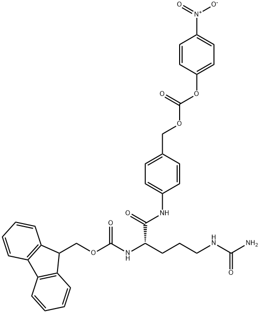 Carbonic acid, [4-[[(2S)-5-[(aminocarbonyl)amino]-2-[[(9H-fluoren-9-ylmethoxy)carbonyl]amino]-1-oxopentyl]amino]phenyl]methyl 4-nitrophenyl ester Structure