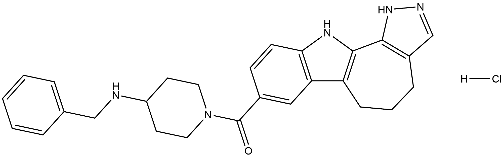 (4-(benzylamino)piperidin-1-yl)(4,5,6,11-tetrahydro-1H-pyrazolo[4',3':6,7]cyclohepta[1,2-b]indol-8-yl)methanone hydrochloride Structure