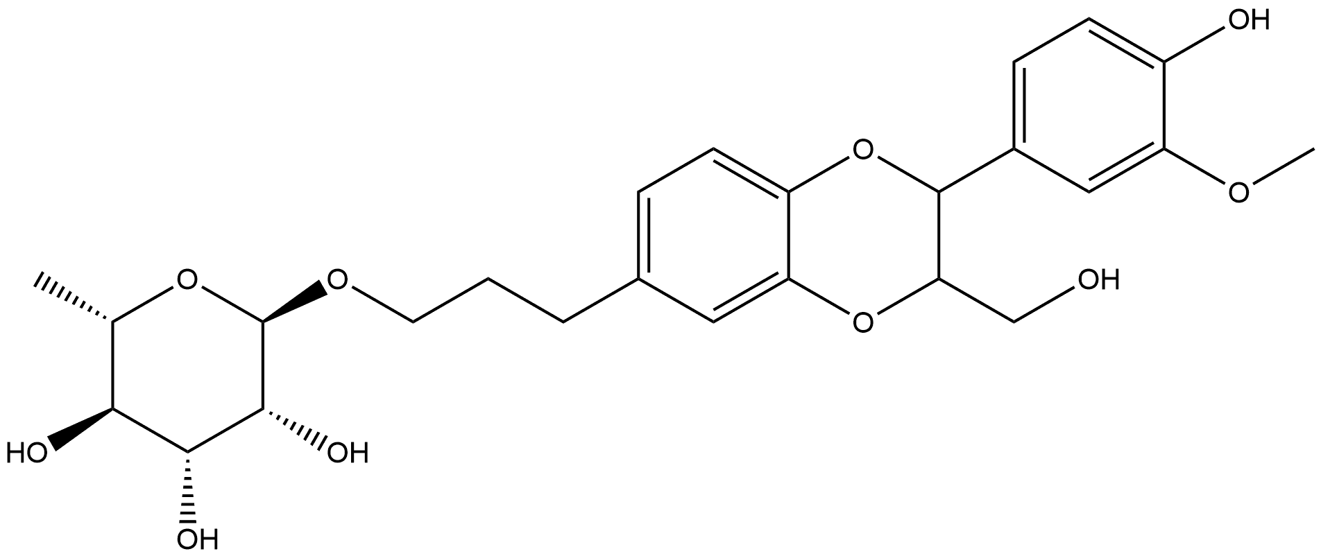 α-L-Mannopyranoside, 3-[2,3-dihydro-2-(4-hydroxy-3-methoxyphenyl)-3-(hydroxymethyl)-1,4-benzodioxin-6-yl]propyl 6-deoxy- Structure