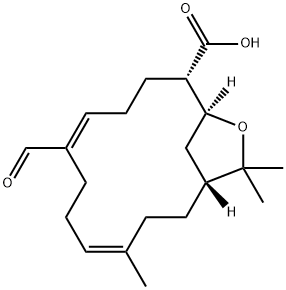 14-Oxabicyclo[11.2.1]hexadeca-4,8-diene-12-carboxylic acid, 8-formyl-4,15,15-trimethyl-, (1R,4Z,8E,12S,13S)- 구조식 이미지