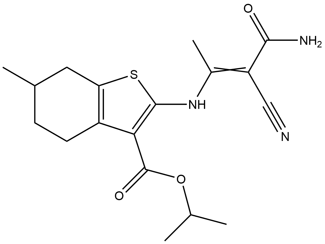 isopropyl 2-[(3-amino-2-cyano-1-methyl-3-oxo-prop-1-enyl)amino]-6-methyl-4,5,6,7-tetrahydrobenzothiophene-3-carboxylate Structure