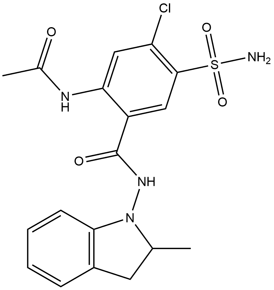 2-(Acetylamino)-5-(aminosulfonyl)-4-chloro-N-(2,3-dihydro-2-methyl-1H-indol-1-yl)benzamide 구조식 이미지