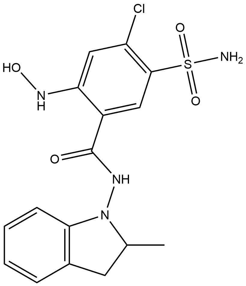 5-(Aminosulfonyl)-4-chloro-N-(2,3-dihydro-2-methyl-1H-indol-1-yl)-2-(hydroxyamino)benzamide 구조식 이미지