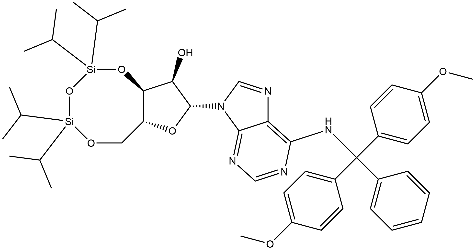 Adenosine, N-[bis(4-methoxyphenyl)phenylmethyl]-3',5'-O-[1,1,3,3-tetrakis(1-methylethyl)-1,3-disiloxanediyl]- 구조식 이미지