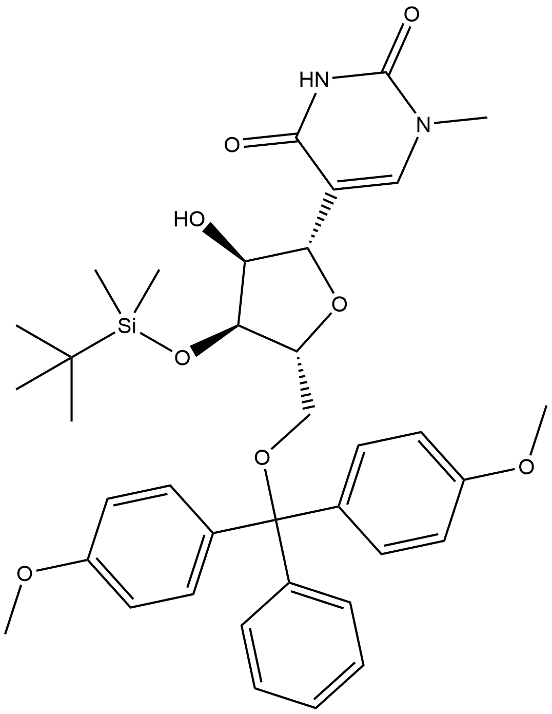 5'-O-(4,4'-Dimethoxytrityl)-3'-O-tert-butyldimethylsilyl-N1-methylpseudouridine 구조식 이미지