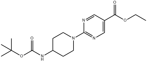 5-Pyrimidinecarboxylic acid, 2-[4-[[(1,1-dimethylethoxy)carbonyl]amino]-1-piperidinyl]-, ethyl ester Structure