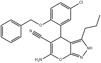 Pyrano[2,3-c]pyrazole-5-carbonitrile, 6-amino-4-[5-chloro-2-(phenylmethoxy)phenyl]-2,4-dihydro-3-propyl- Structure