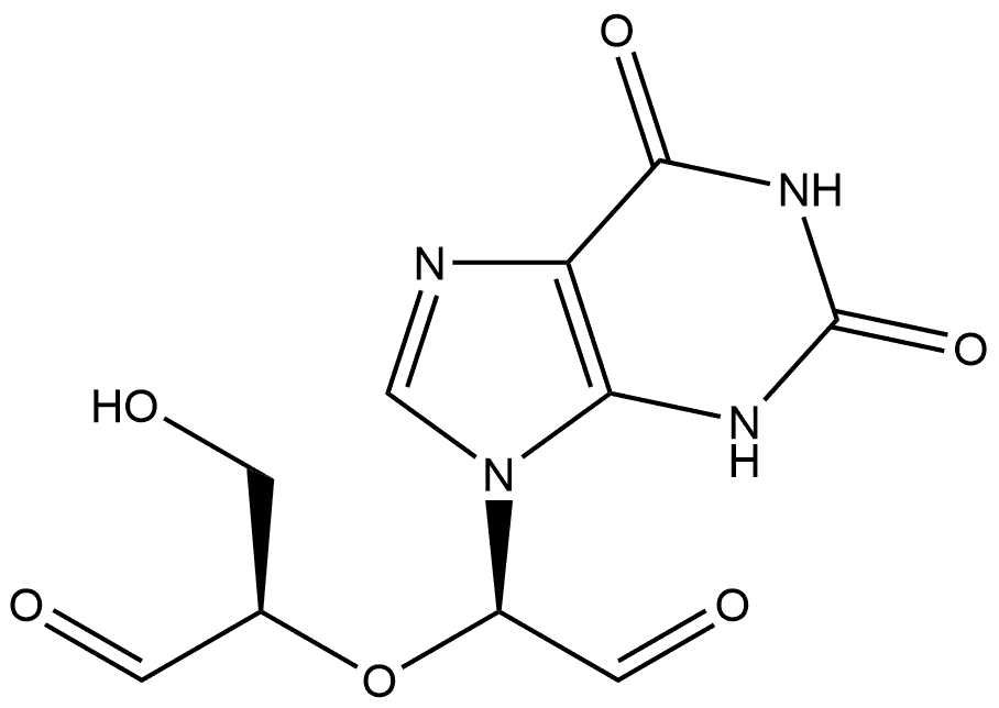 9H-Purine-9-acetaldehyde, α-(1-formyl-2-hydroxyethoxy)-1,2,3,6-tetrahydro-2,6-dioxo-, [R-(R*,R*)]- (9CI) Structure