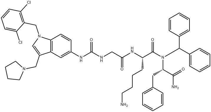 L-Phenylalaninamide, N-[[[1-[(2,6-dichlorophenyl)methyl]-3-(1-pyrrolidinylmethyl)-1H-indol-5-yl]amino]carbonyl]glycyl-L-lysyl-N-(diphenylmethyl)- 구조식 이미지