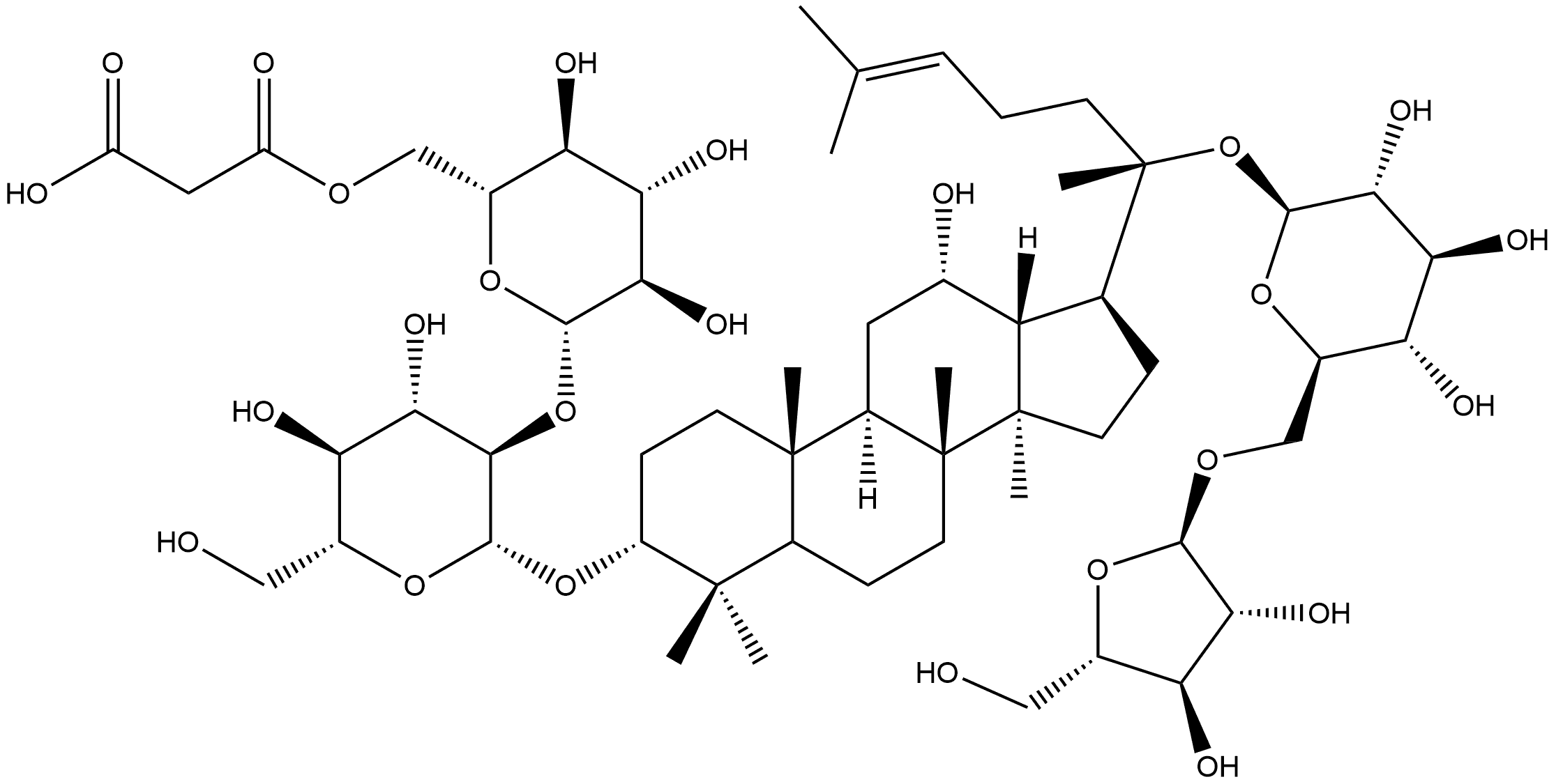 β-D-Glucopyranoside, (3β,12β)-20-[(6-O-α-L-arabinofuranosyl-β-D-glucopyranosyl)oxy]-12-hydroxydammar-24-en-3-yl 2-O-[6-O-(2-carboxyacetyl)-β-D-glucopyranosyl]- Structure