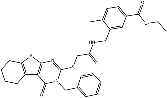 ethyl 3-[[[2-[(3-benzyl-4-oxo-5,6,7,8-tetrahydro-[1]benzothiolo[2,3-d]pyrimidin-2-yl)sulfanyl]acetyl]amino]methyl]-4-methylbenzoate 구조식 이미지