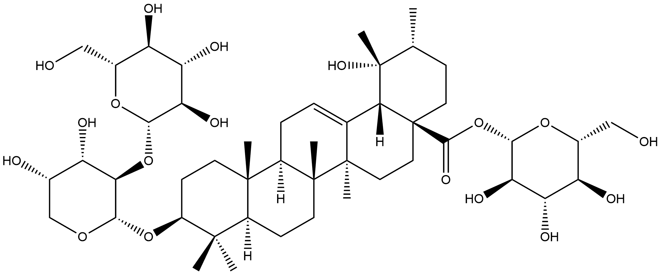 Urs-12-en-28-oic acid, 3-[(2-O-β-D-glucopyranosyl-α-L-arabinopyranosyl)oxy]-19-hydroxy-, β-D-glucopyranosyl ester, (3β)- Structure