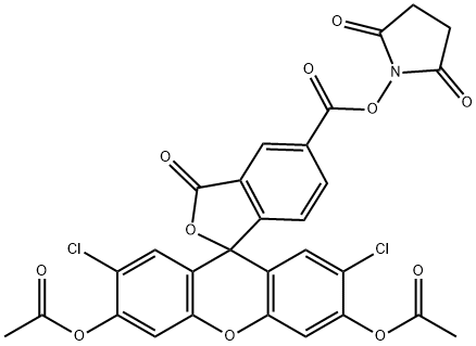 Spiro[isobenzofuran-1(3H),9'-[9H]xanthene]-5-carboxylic acid, 3',6'-bis(acetyloxy)-2',7'-dichloro-3-oxo-, 2,5-dioxo-1-pyrrolidinyl ester 구조식 이미지