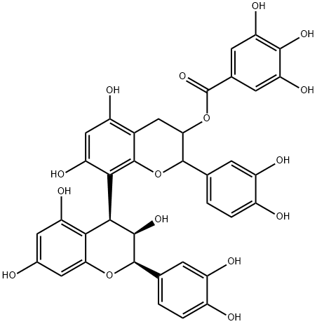 Benzoic acid, 3,4,5-trihydroxy-, (2R,2'R,3S,3'R,4S)-2,2'-bis(3,4-dihydroxyphenyl)-3,3',4,4'-tetrahydro-3,5,5',7,7'-pentahydroxy[4,8'-bi-2H-1-benzopyran]-3'-yl ester 구조식 이미지
