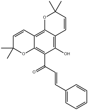 (E)-1-(5-Hydroxy-2,2,8,8-tetramethyl-2H,8H-benzo[1,2-b:3,4-b']dipyran-6-yl)-3-phenyl-2-propen-1-one 구조식 이미지