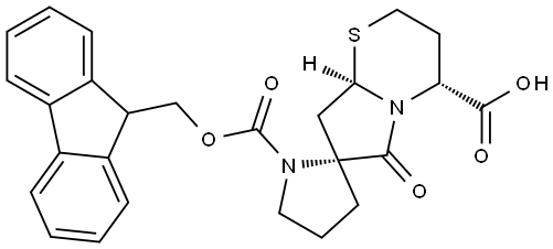 Spiro[pyrrolidine-2,7'(6'H)-[2H]pyrrolo[2,1-b][1,3]thiazine]-1,4'-dicarboxylic acid, tetrahydro-6'-oxo-, 1-(9H-fluoren-9-ylmethyl) ester, (2R,4'R,8'aR)- 구조식 이미지