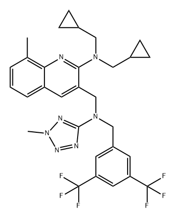 3-Quinolinemethanamine, 2-[bis(cyclopropylmethyl)amino]-N-[[3,5-bis(trifluoromethyl)phenyl]methyl]-8-methyl-N-(2-methyl-2H-tetrazol-5-yl)- Structure