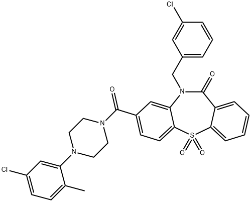 Dibenzo[b,f][1,4]thiazepin-11(10H)-one, 8-[[4-(5-chloro-2-methylphenyl)-1-piperazinyl]carbonyl]-10-[(3-chlorophenyl)methyl]-, 5,5-dioxide Structure