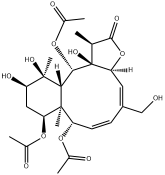 Benzo[4,5]cyclodeca[1,2-b]furan-2(1H)-one, 8,9,13-tris(acetyloxy)-3a,8,8a,9,10,11,12,12a,13,13a-decahydro-11,12,13a-trihydroxy-5-(hydroxymethyl)-1,8a,12-trimethyl-, (1R,3aS,4E,6Z,8S,8aR,9S,11R,12S,12aS,13S,13aS)- (9CI) Structure